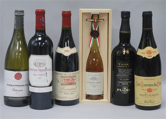 Six mixed wines etc. including Italian Targa Reserva, 1989, Tokaji Aszu, 2008 and Chateau Verdignan, 1997.